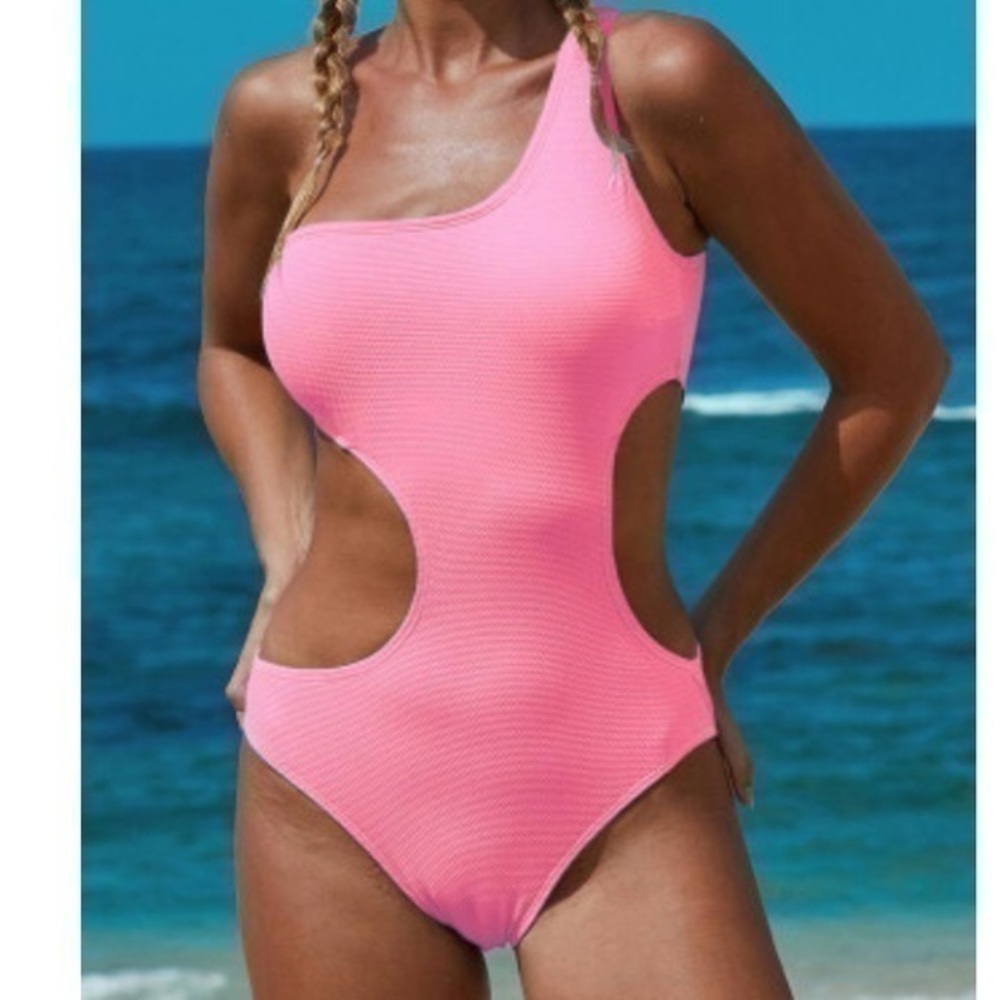 Monokini one piece one shoulder bathing suit sexy cut outs NEW Pink